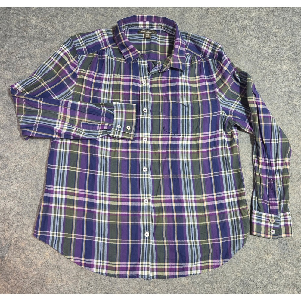 Tommy Bahama Womens Large Purple Green Plaid Cotton Button Down Shirt